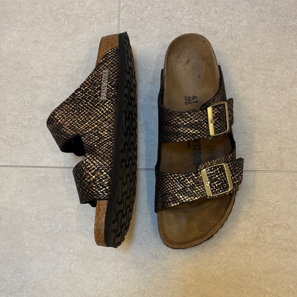 Birkenstock Arizona Metallic Black Gold Sandals